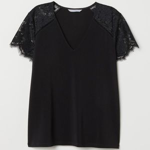 NWOT Black V-Neck Top with Lace Sleeves